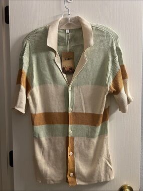 Manly Short-Sleeve Button-Front Knit Shirt in Sage, Cream & Mustard